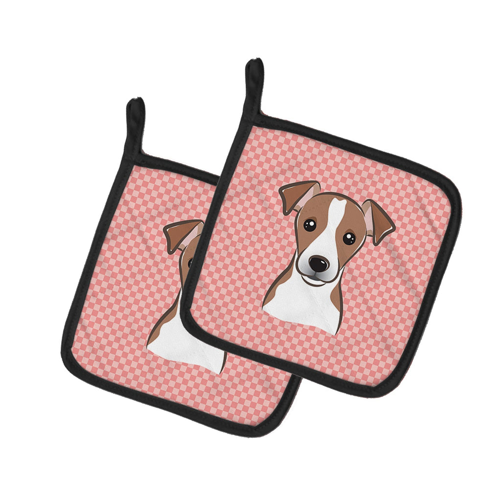 Checkerboard Pink Jack Russell Terrier Pot Holder Set of 2 Heat Resistant Quilted Hot Pads 7.5 x 7.5 Inch, Insulated Kitchen Trivets for Cooking & Baking