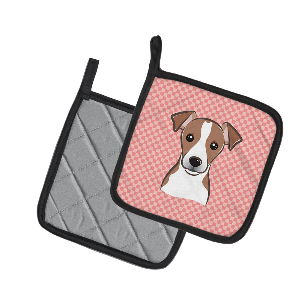 Checkerboard Pink Jack Russell Terrier Pot Holder Set of 2 Heat Resistant Quilted Hot Pads 7.5 x 7.5 Inch, Insulated Kitchen Trivets for Cooking & Baking