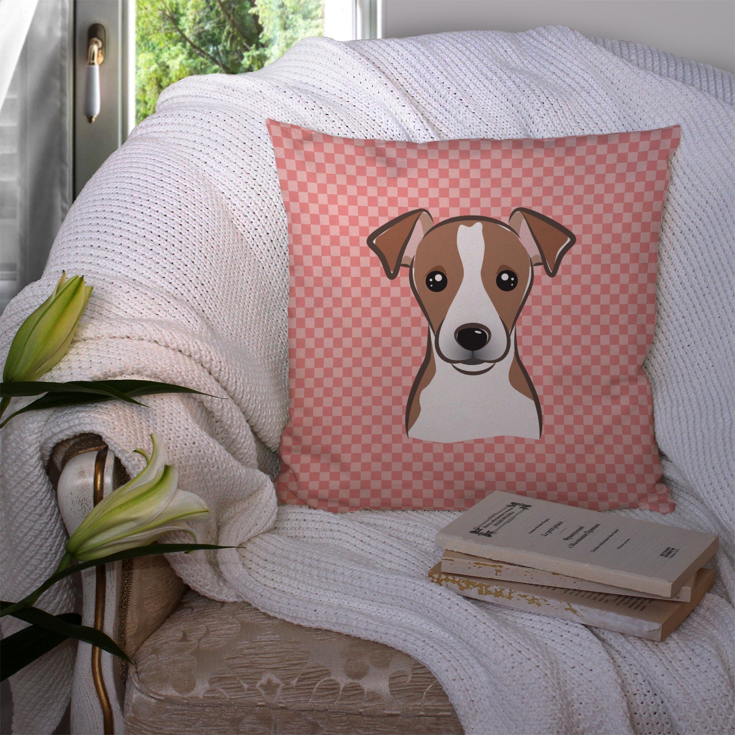 Checkerboard Pink Jack Russell Terrier Decorative Throw Pillow 14x14 Indoor Outdoor Accent Cushion, Fabric Cover with Insert for Sofa, Bed, Porch & Living Room