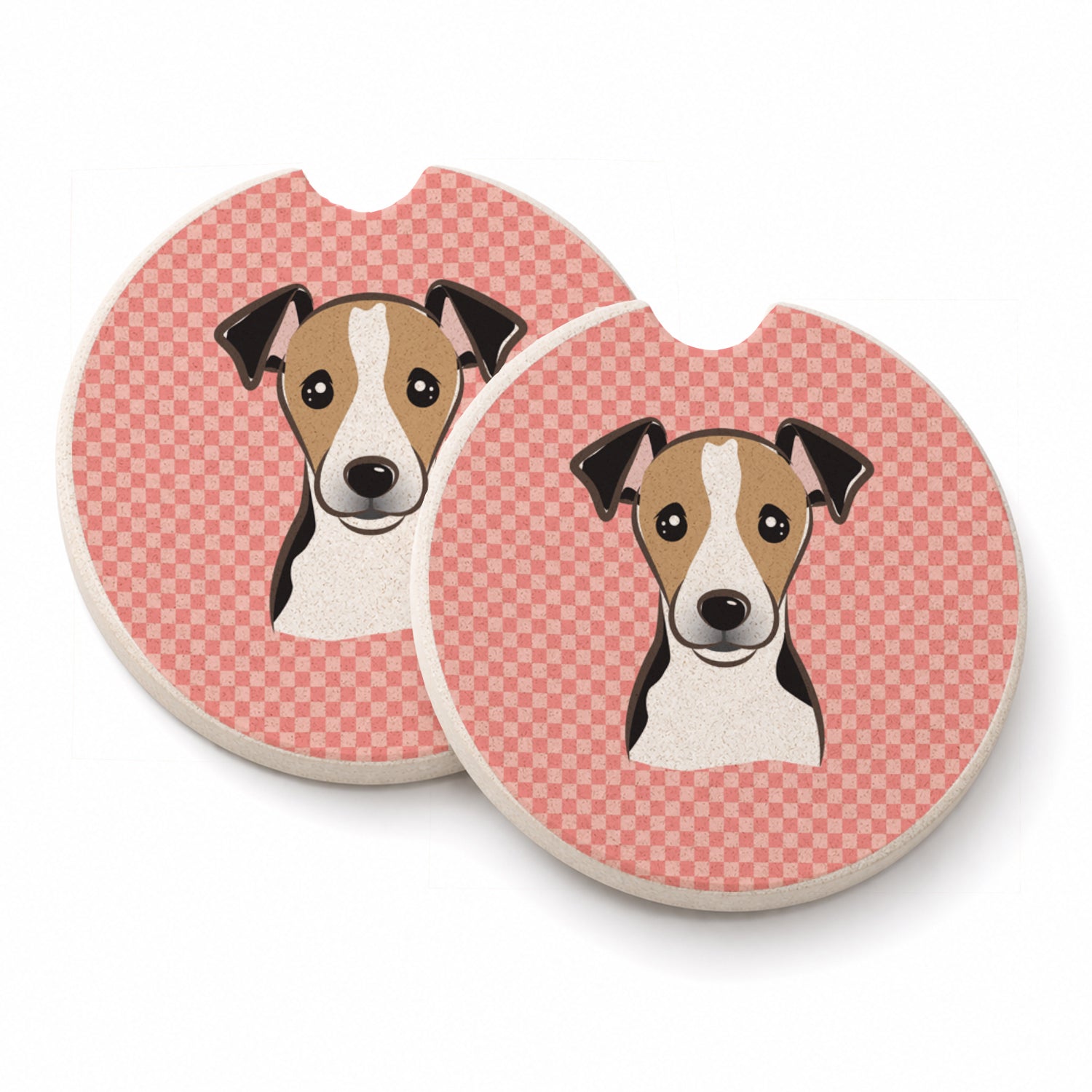 Checkerboard Pink Jack Russell Terrier Set of 2 Cup Holder Car Coasters Absorbent Round Sandstone Coasters Gifts for Men or Women, 2.5, Multicolor
