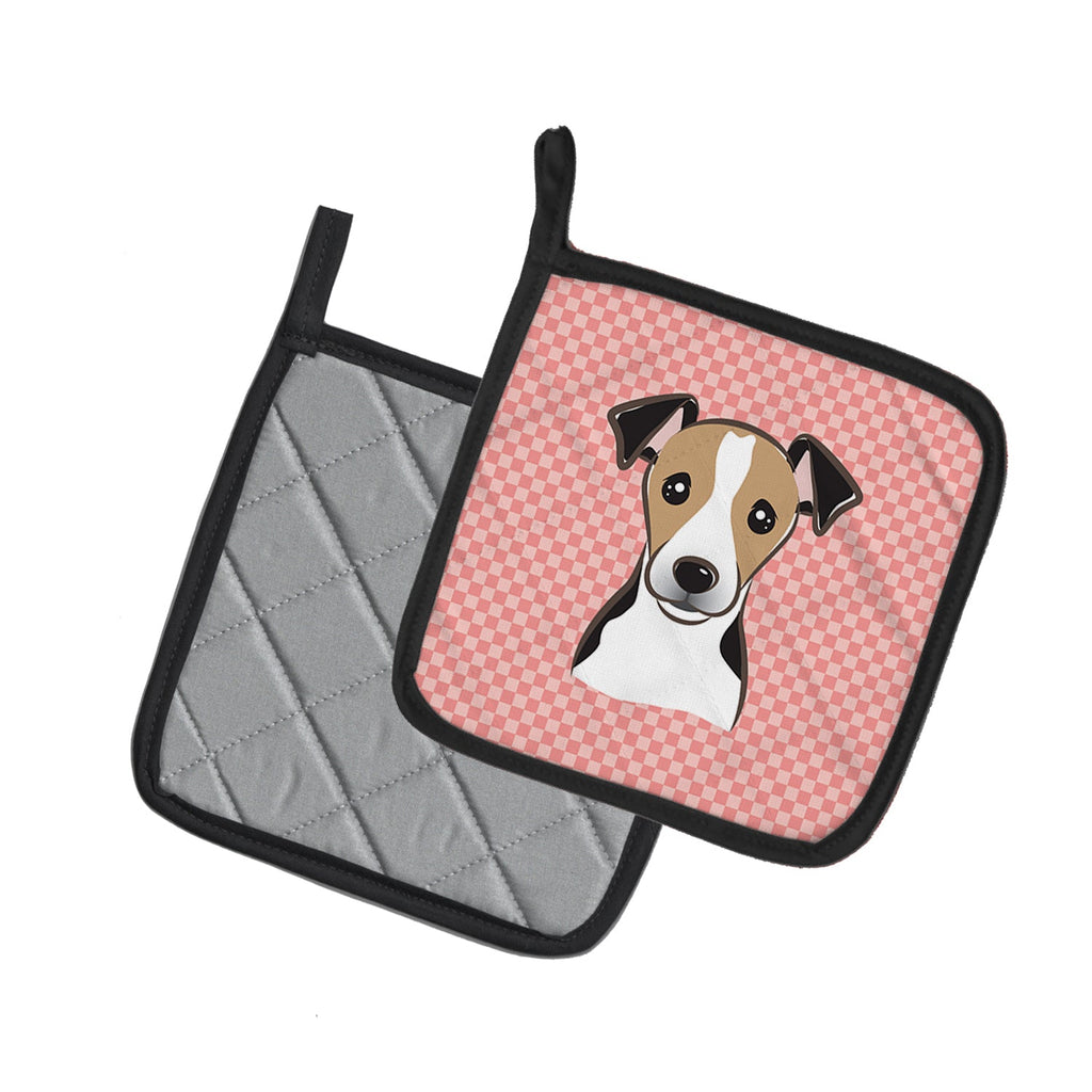Checkerboard Pink Jack Russell Terrier Pot Holder Set of 2 Heat Resistant Quilted Hot Pads 7.5 x 7.5 Inch, Insulated Kitchen Trivets for Cooking & Baking