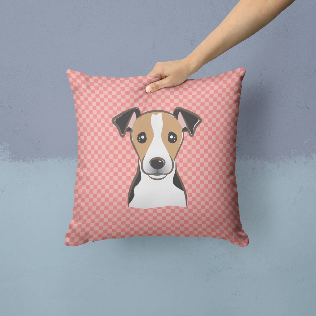 Checkerboard Pink Jack Russell Terrier Decorative Throw Pillow 14x14 Indoor Outdoor Accent Cushion, Fabric Cover with Insert for Sofa, Bed, Porch & Living Room
