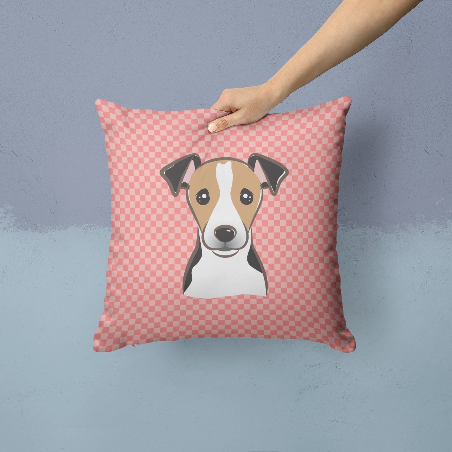 Checkerboard Pink Jack Russell Terrier Decorative Throw Pillow 14x14 Indoor Outdoor Accent Cushion, Fabric Cover with Insert for Sofa, Bed, Porch & Living Room