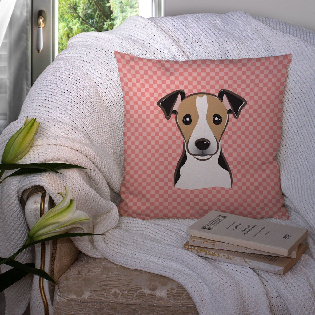 Checkerboard Pink Jack Russell Terrier Decorative Throw Pillow 14x14 Indoor Outdoor Accent Cushion, Fabric Cover with Insert for Sofa, Bed, Porch & Living Room