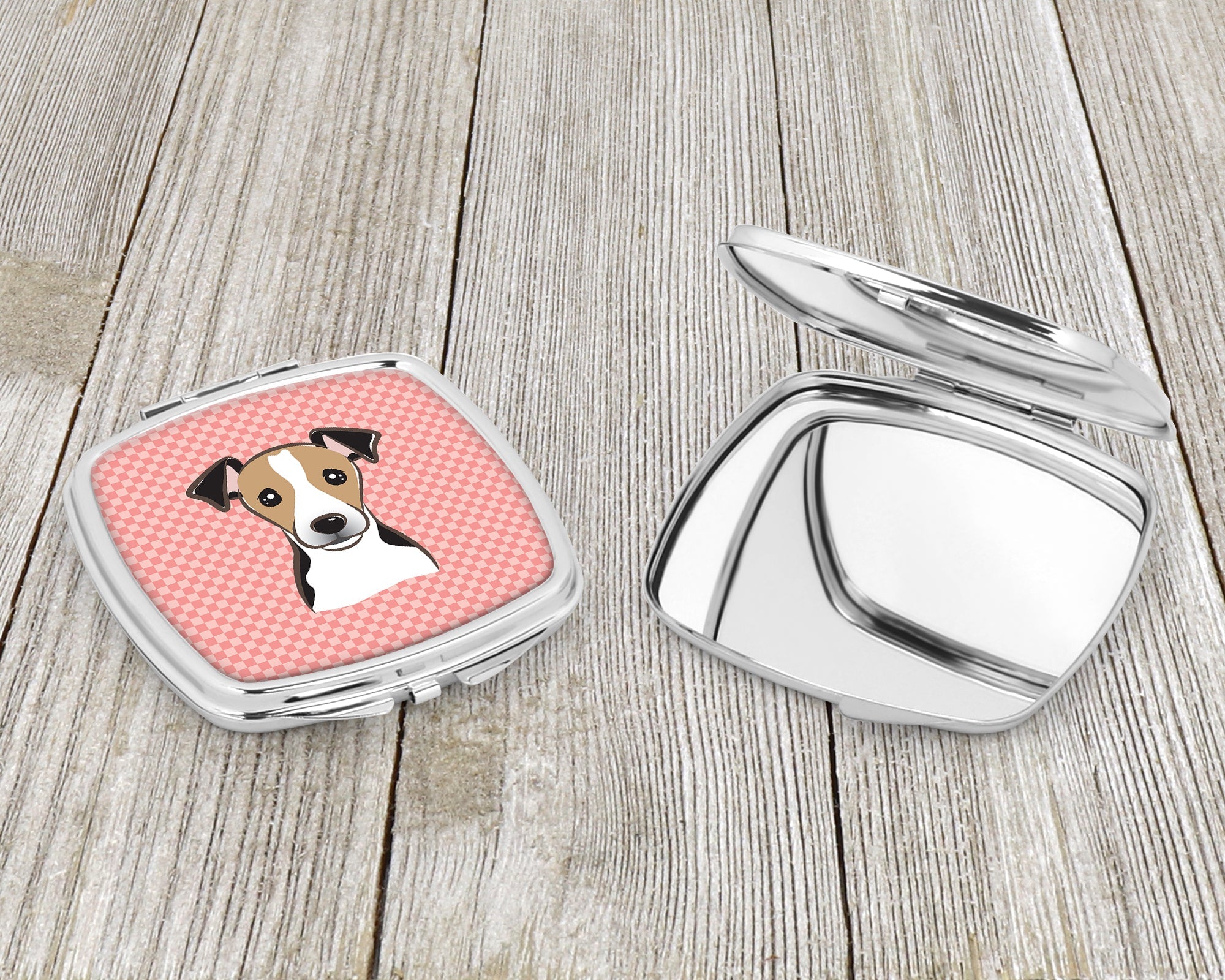 Checkerboard Pink Jack Russell Terrier Compact Mirror Decorative Travel Makeup Mirror for Women Girls Gifts Pocket Makeup Mirror Folding Handheld