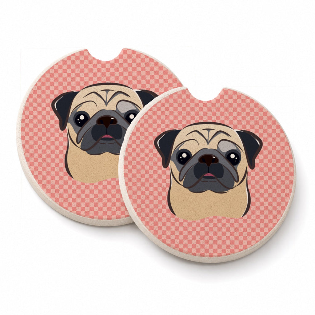 Checkerboard Pink Fawn Pug Set of 2 Cup Holder Car Coasters Absorbent Round Sandstone Coasters Gifts for Men or Women, 2.5, Multicolor