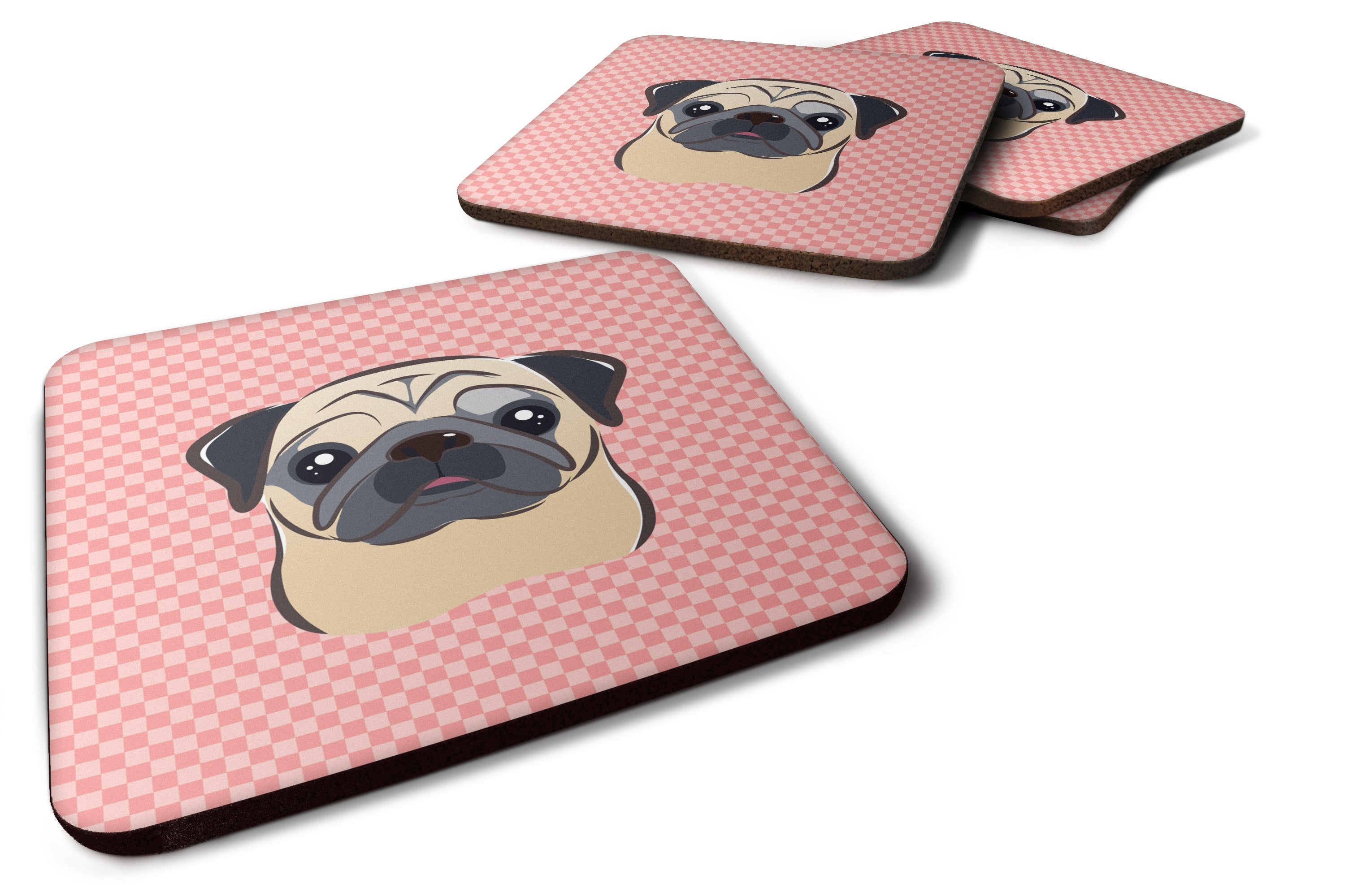 Checkerboard Pink Fawn Pug Foam Coasters Set of 4 Cup Coasters for Indoor Outdoor, Tabletop Protection, Anti Slip, Mouse pad Material