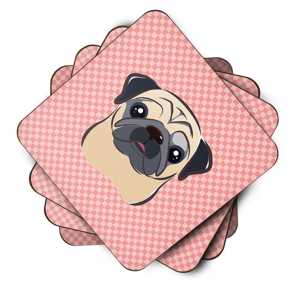 Checkerboard Pink Fawn Pug Foam Coasters Set of 4 Cup Coasters for Indoor Outdoor, Tabletop Protection, Anti Slip, Mouse pad Material