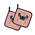 Checkerboard Pink Fawn Pug Pot Holder Set of 2 Heat Resistant Quilted Hot Pads 7.5 x 7.5 Inch, Insulated Kitchen Trivets for Cooking & Baking
