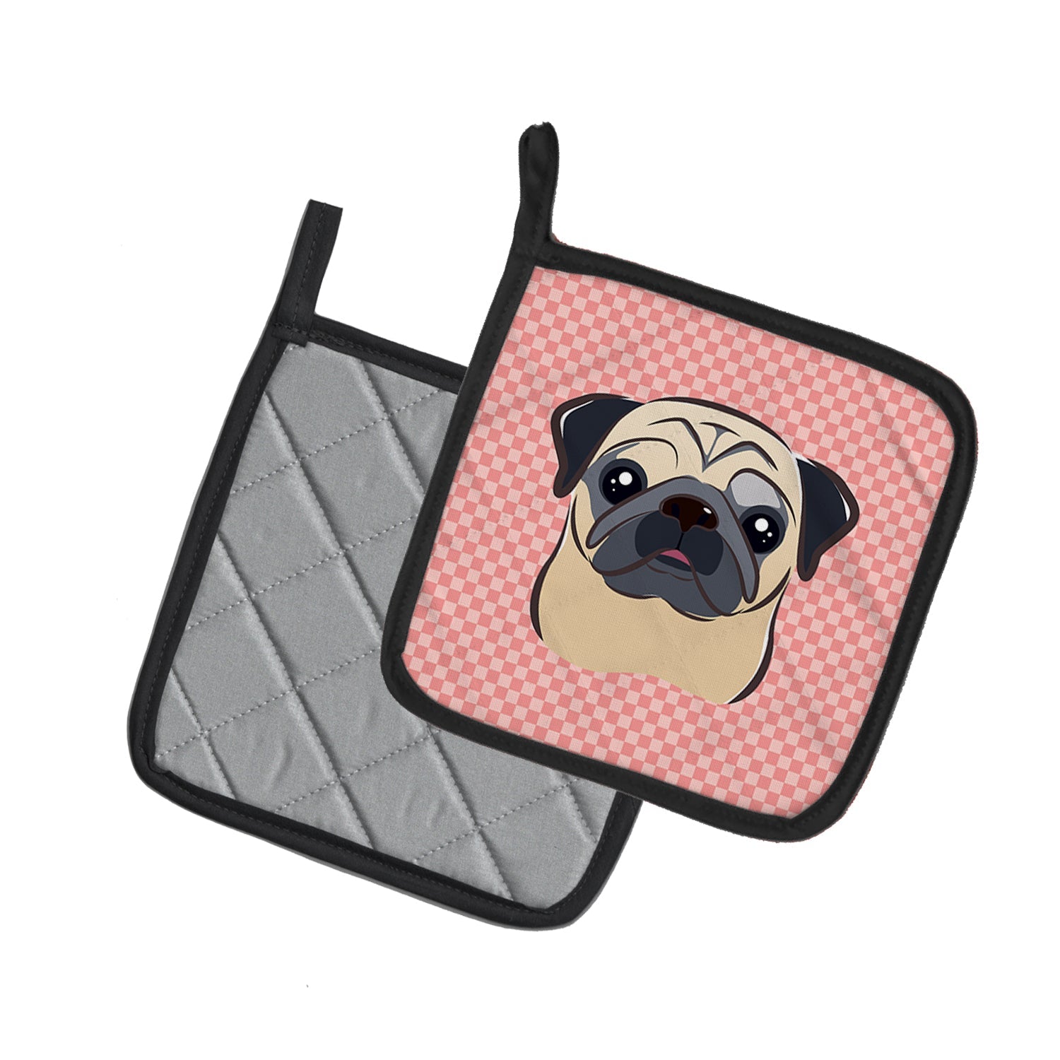 Checkerboard Pink Fawn Pug Pot Holder Set of 2 Heat Resistant Quilted Hot Pads 7.5 x 7.5 Inch, Insulated Kitchen Trivets for Cooking & Baking