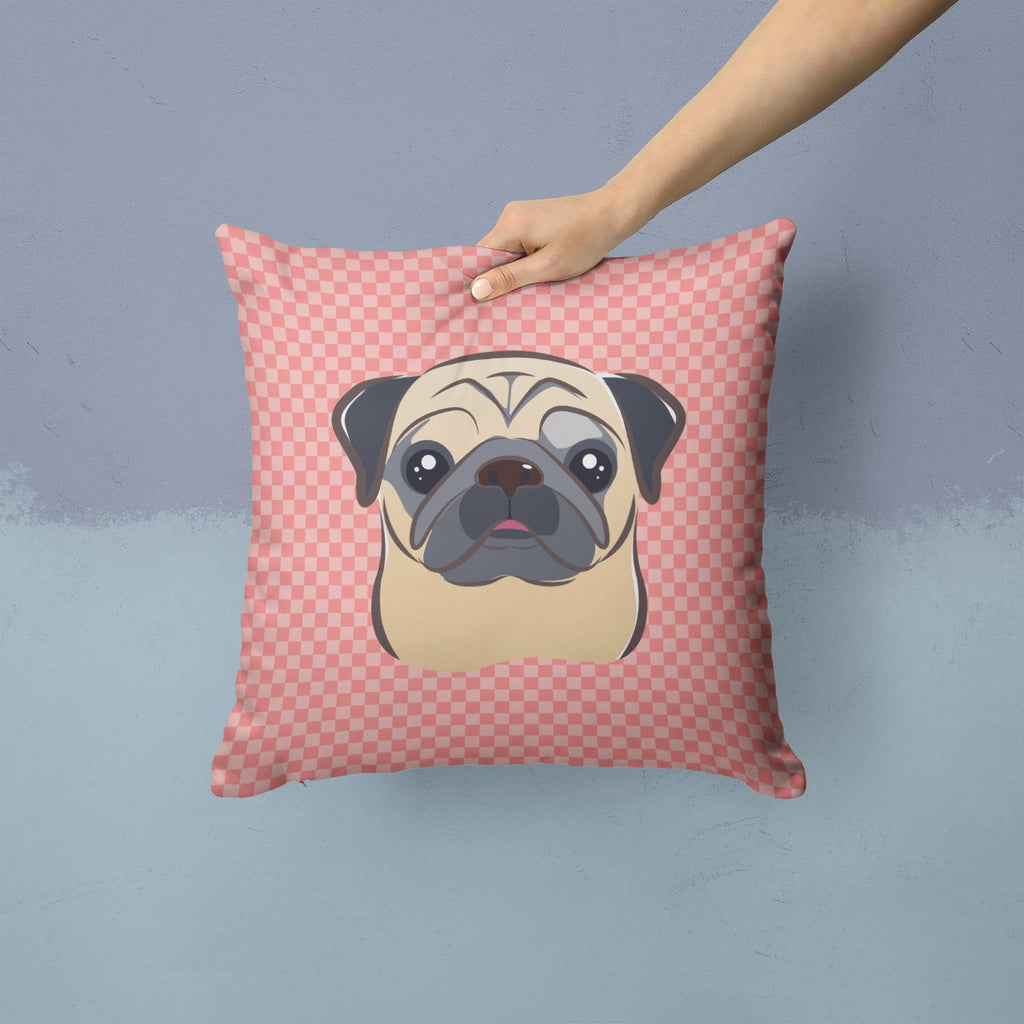 Checkerboard Pink Fawn Pug Decorative Throw Pillow 14x14 Indoor Outdoor Accent Cushion, Fabric Cover with Insert for Sofa, Bed, Porch & Living Room