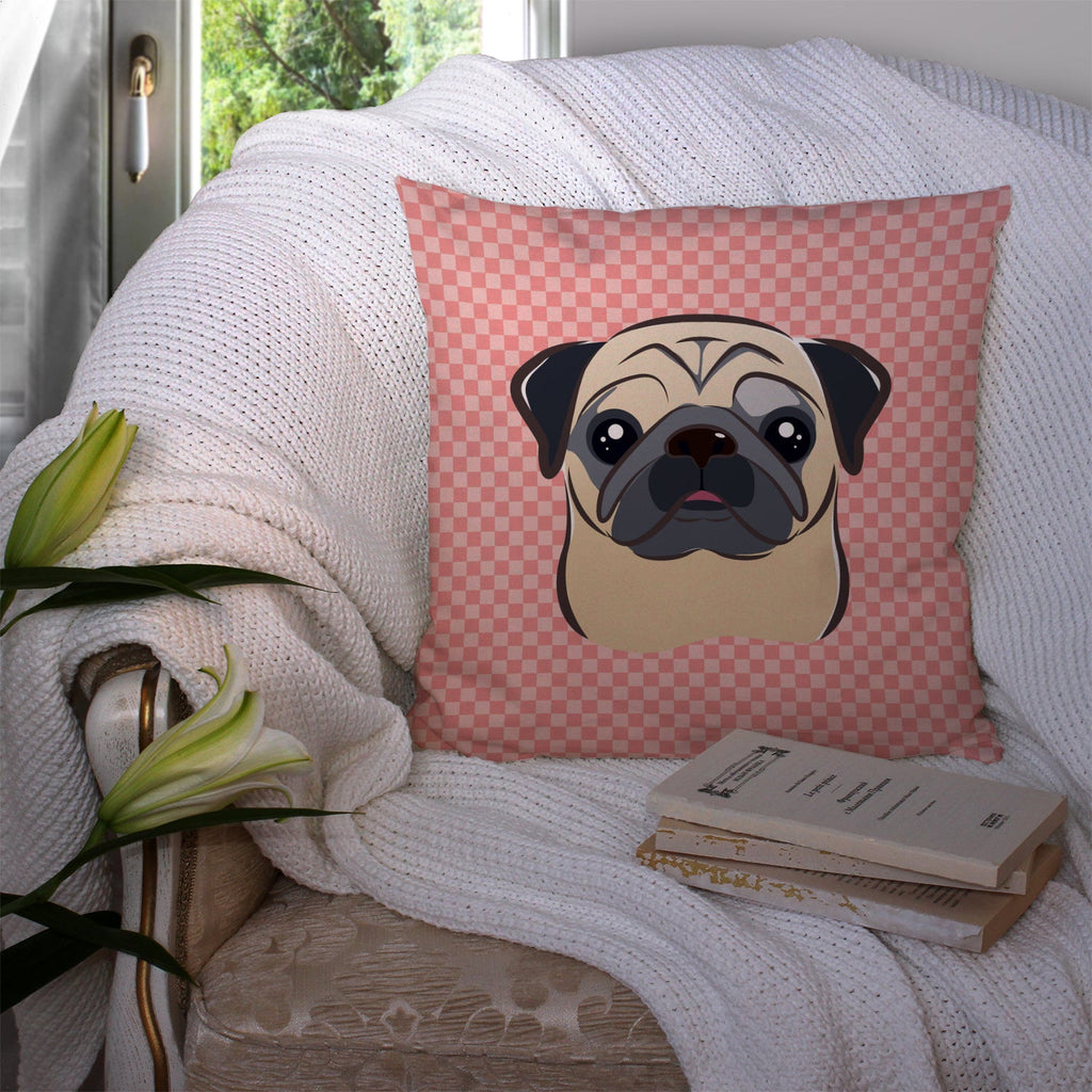 Checkerboard Pink Fawn Pug Decorative Throw Pillow 14x14 Indoor Outdoor Accent Cushion, Fabric Cover with Insert for Sofa, Bed, Porch & Living Room