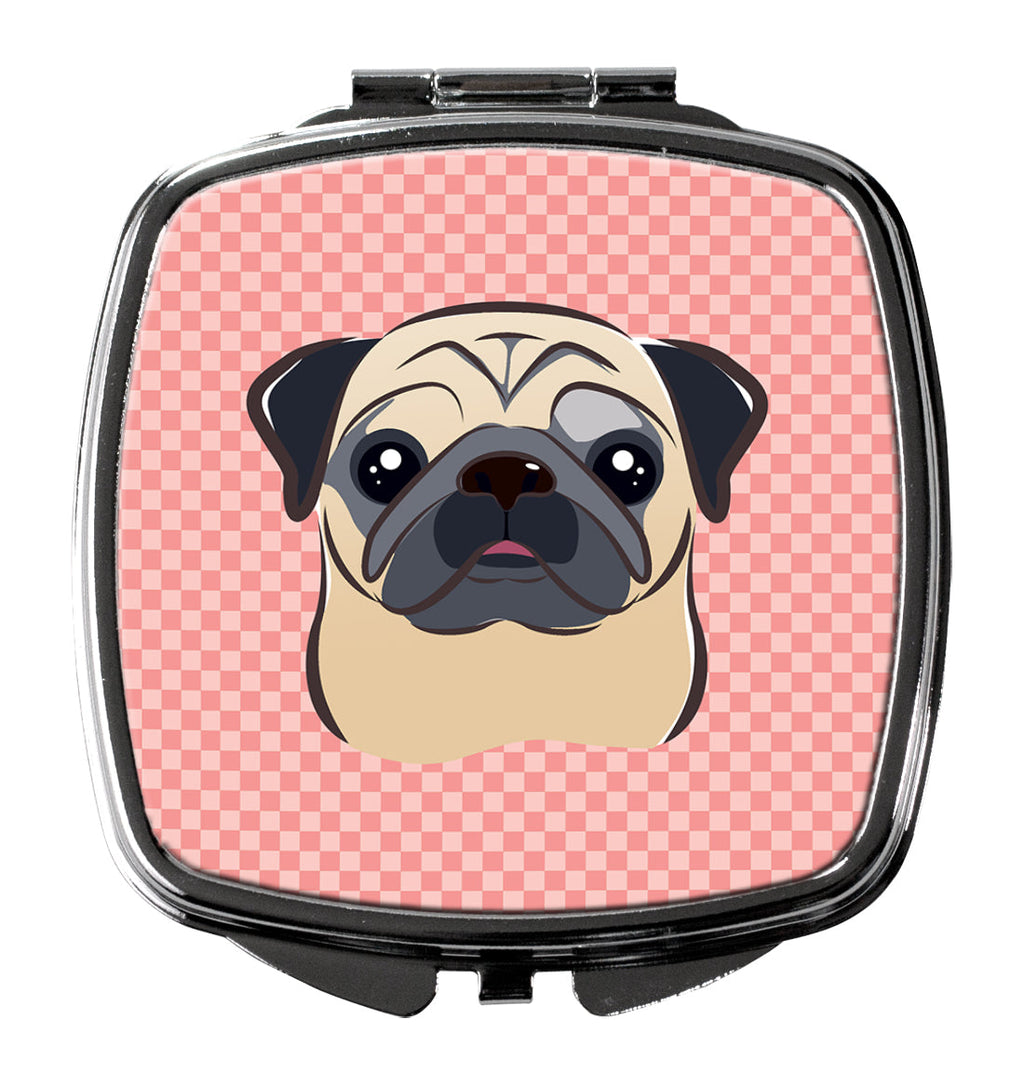 Checkerboard Pink Fawn Pug Compact Mirror Decorative Travel Makeup Mirror for Women Girls Gifts Pocket Makeup Mirror Folding Handheld