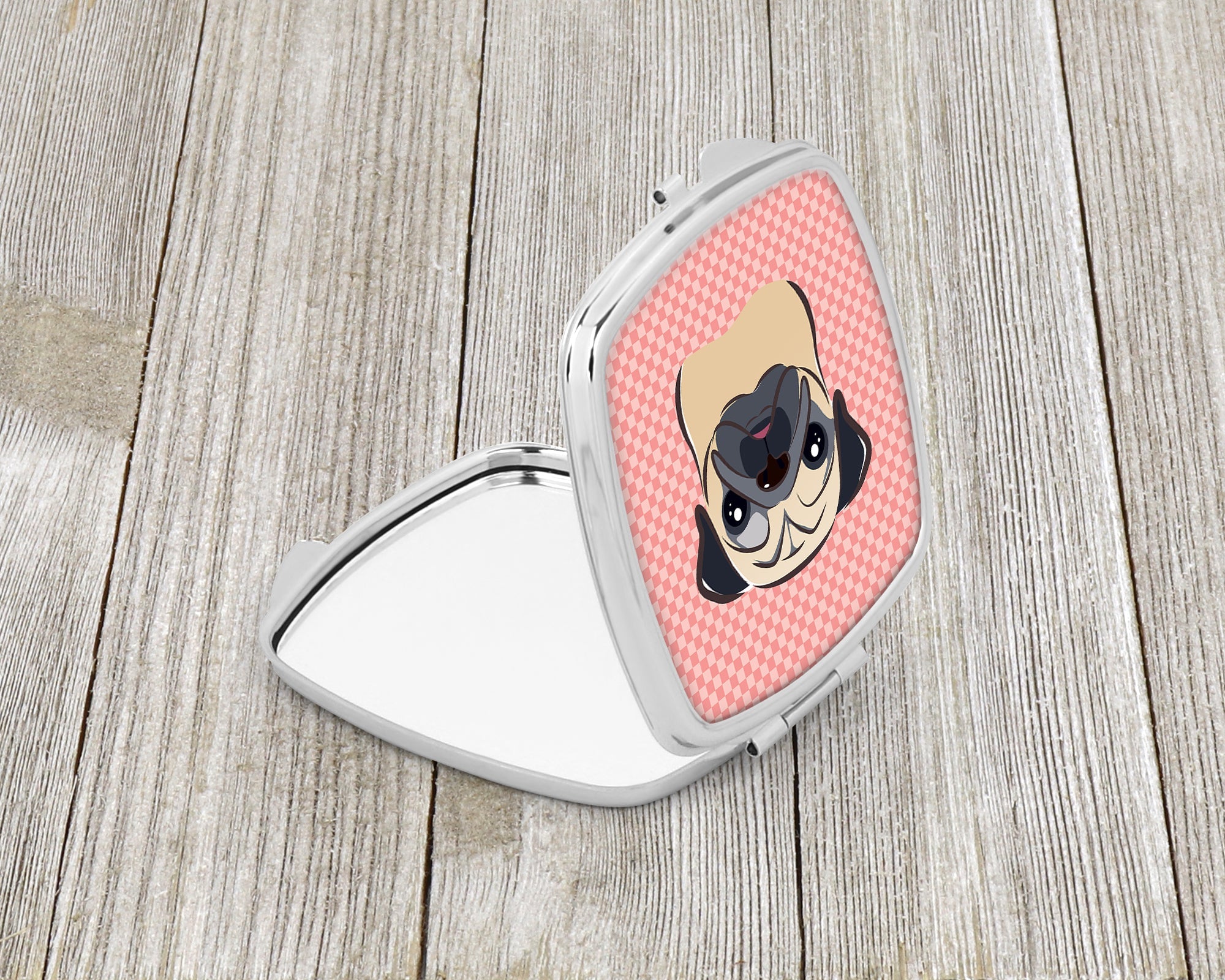 Checkerboard Pink Fawn Pug Compact Mirror Decorative Travel Makeup Mirror for Women Girls Gifts Pocket Makeup Mirror Folding Handheld