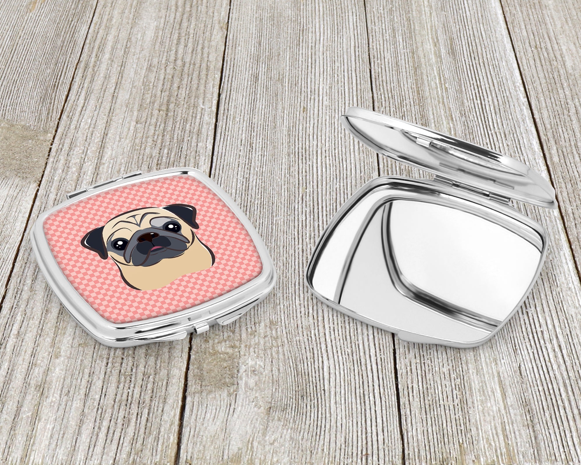 Checkerboard Pink Fawn Pug Compact Mirror Decorative Travel Makeup Mirror for Women Girls Gifts Pocket Makeup Mirror Folding Handheld