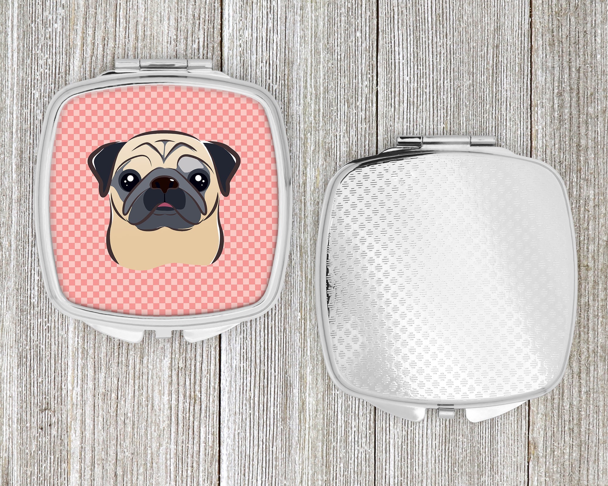 Checkerboard Pink Fawn Pug Compact Mirror Decorative Travel Makeup Mirror for Women Girls Gifts Pocket Makeup Mirror Folding Handheld