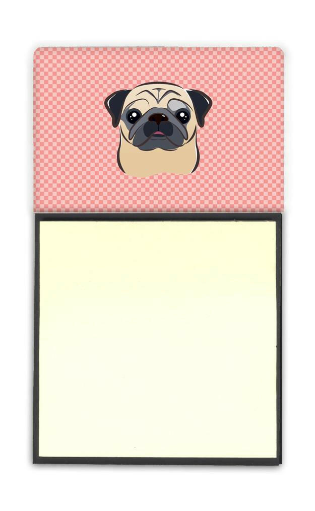 Checkerboard Pink Fawn Pug Watercolor Sticky Note Holder Refillable Dispenser Desk Accessory 3x3 Pad Gift