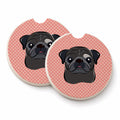 Checkerboard Pink Black Pug Set of 2 Cup Holder Car Coasters Absorbent Round Sandstone Coasters Gifts for Men or Women, 2.5, Multicolor