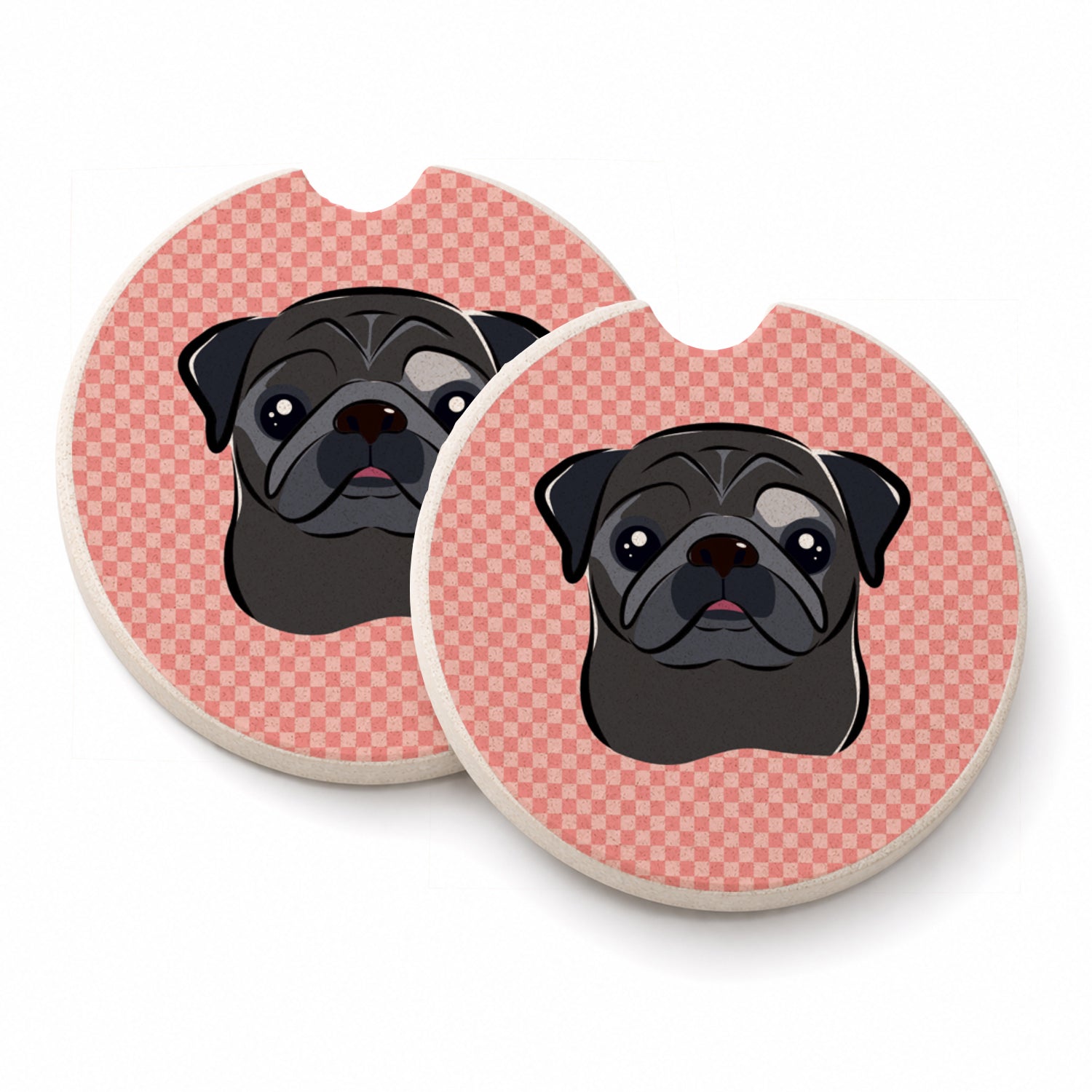 Checkerboard Pink Black Pug Set of 2 Cup Holder Car Coasters Absorbent Round Sandstone Coasters Gifts for Men or Women, 2.5, Multicolor