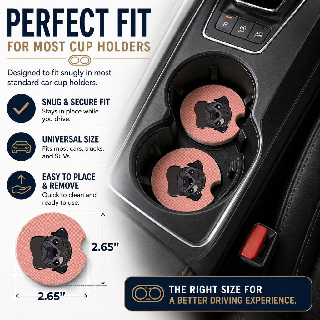 Checkerboard Pink Black Pug Set of 2 Cup Holder Car Coasters Absorbent Round Sandstone Coasters Gifts for Men or Women, 2.5, Multicolor