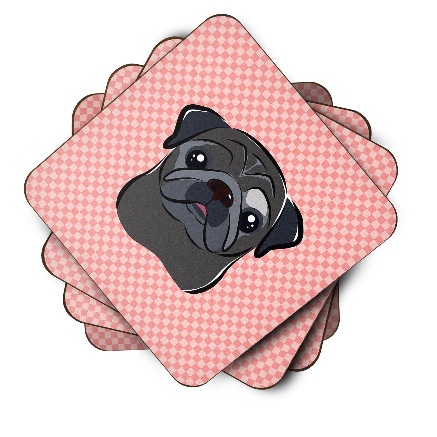 Checkerboard Pink Black Pug Foam Coasters Set of 4 Cup Coasters for Indoor Outdoor, Tabletop Protection, Anti Slip, Mouse pad Material
