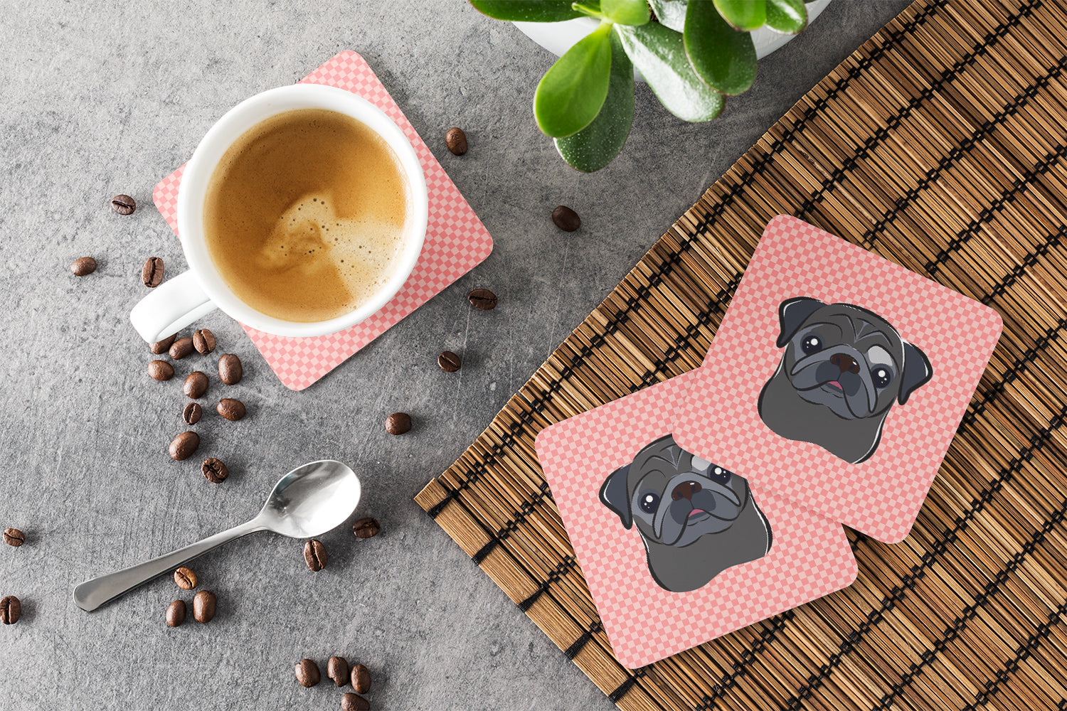Checkerboard Pink Black Pug Foam Coasters Set of 4 Cup Coasters for Indoor Outdoor, Tabletop Protection, Anti Slip, Mouse pad Material
