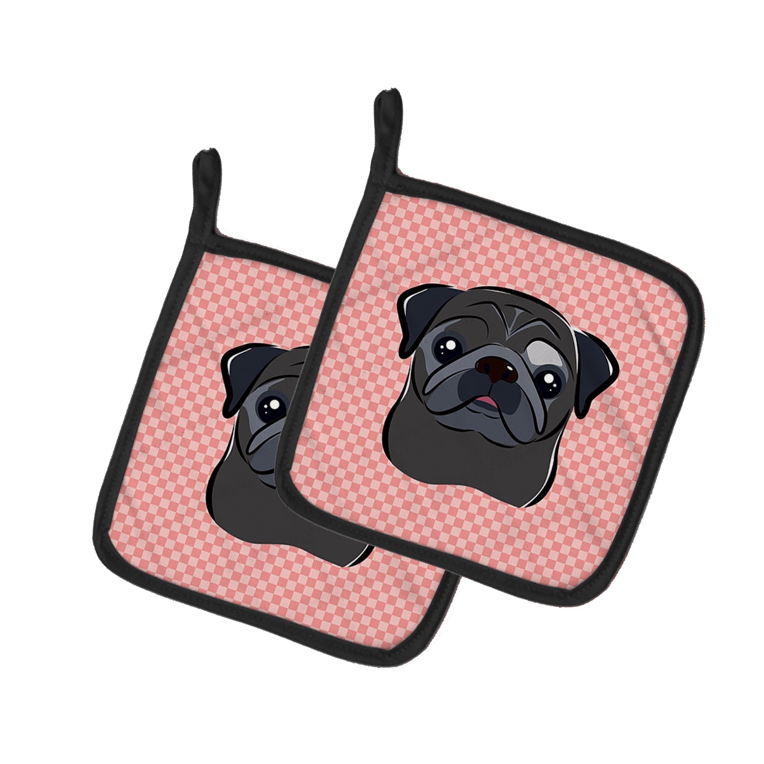 Checkerboard Pink Black Pug Pot Holder Set of 2 Heat Resistant Quilted Hot Pads 7.5 x 7.5 Inch, Insulated Kitchen Trivets for Cooking & Baking