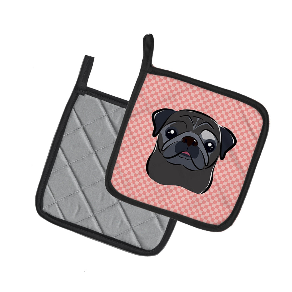 Checkerboard Pink Black Pug Pot Holder Set of 2 Heat Resistant Quilted Hot Pads 7.5 x 7.5 Inch, Insulated Kitchen Trivets for Cooking & Baking