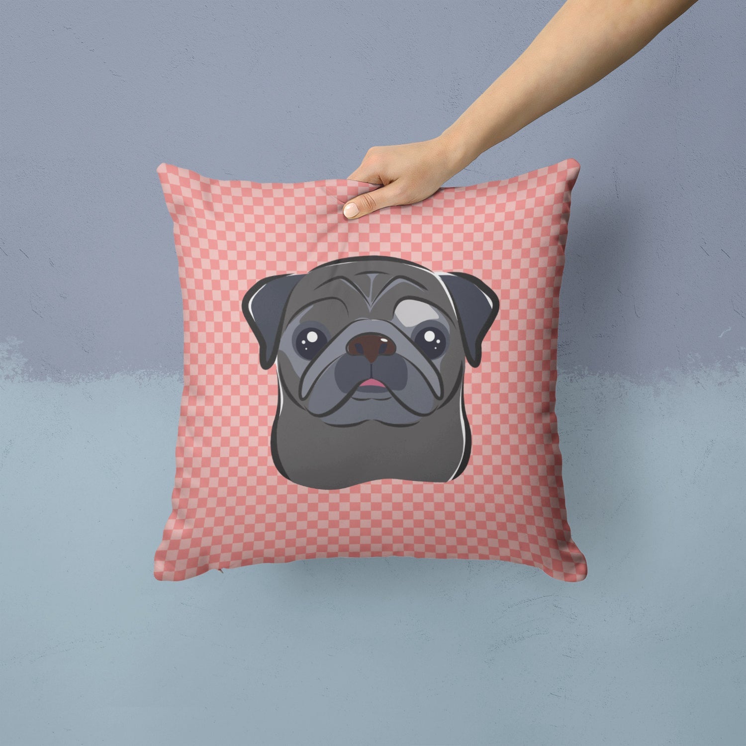 Checkerboard Pink Black Pug Decorative Throw Pillow 14x14 Indoor Outdoor Accent Cushion, Fabric Cover with Insert for Sofa, Bed, Porch & Living Room