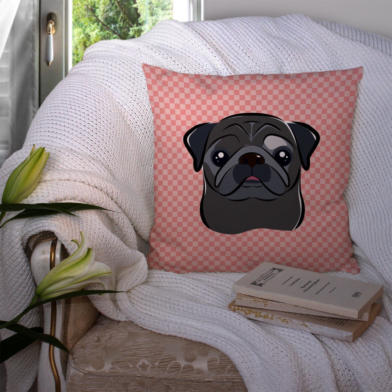 Checkerboard Pink Black Pug Decorative Throw Pillow 14x14 Indoor Outdoor Accent Cushion, Fabric Cover with Insert for Sofa, Bed, Porch & Living Room