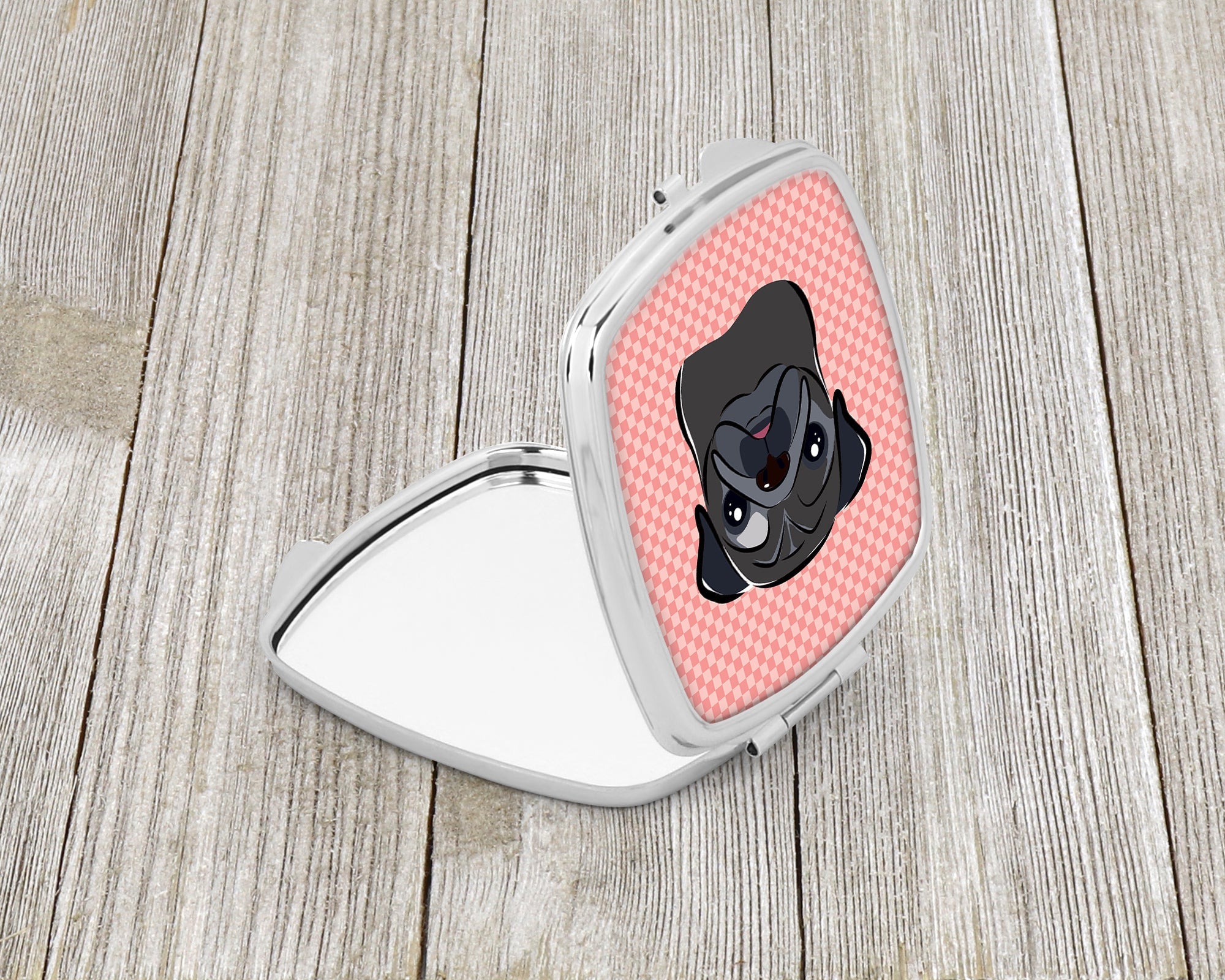 Checkerboard Pink Black Pug Compact Mirror Decorative Travel Makeup Mirror for Women Girls Gifts Pocket Makeup Mirror Folding Handheld