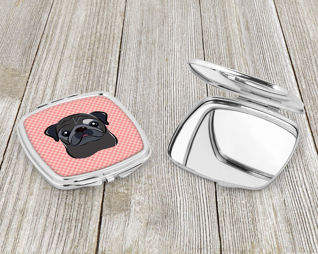 Checkerboard Pink Black Pug Compact Mirror Decorative Travel Makeup Mirror for Women Girls Gifts Pocket Makeup Mirror Folding Handheld