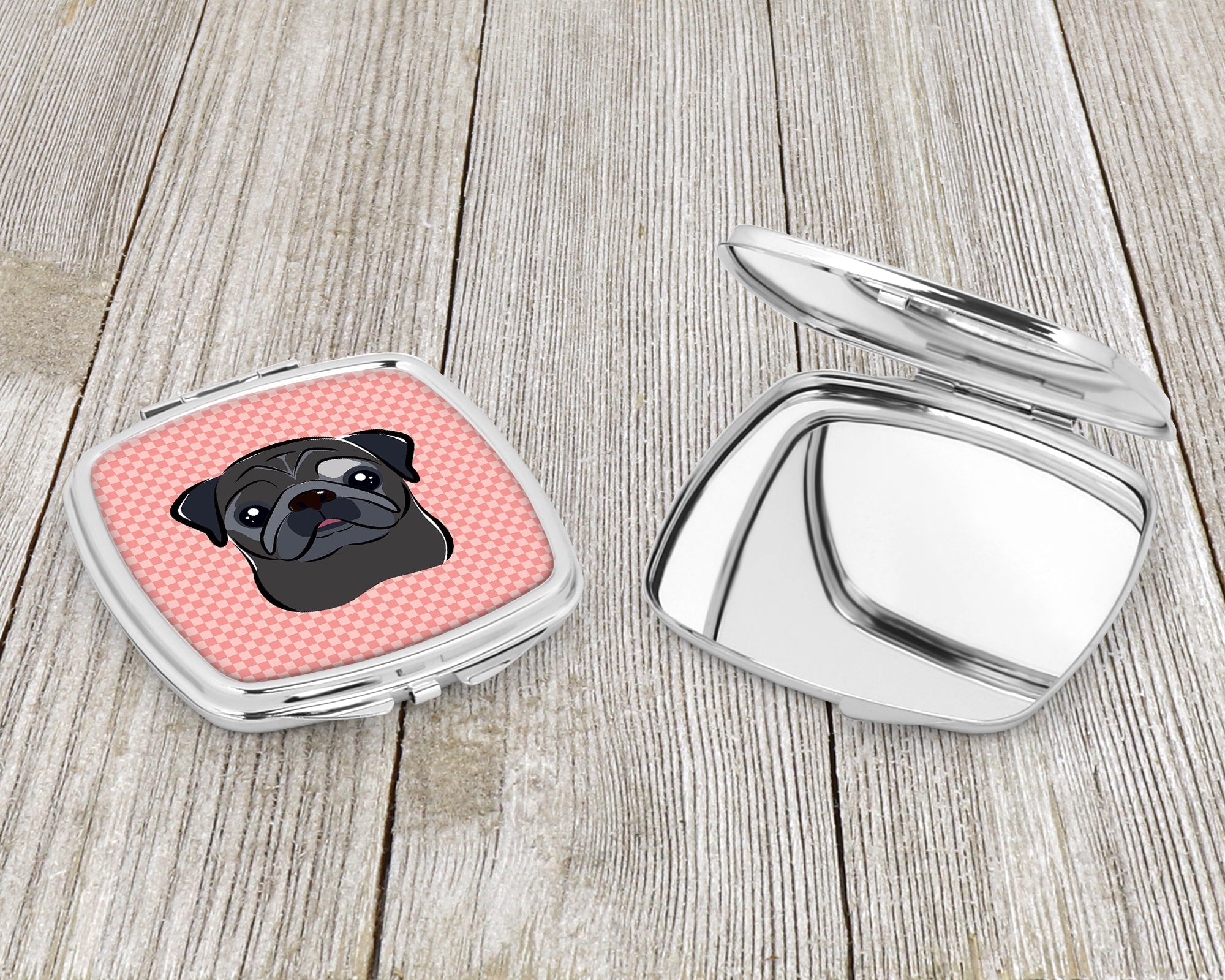Checkerboard Pink Black Pug Compact Mirror Decorative Travel Makeup Mirror for Women Girls Gifts Pocket Makeup Mirror Folding Handheld