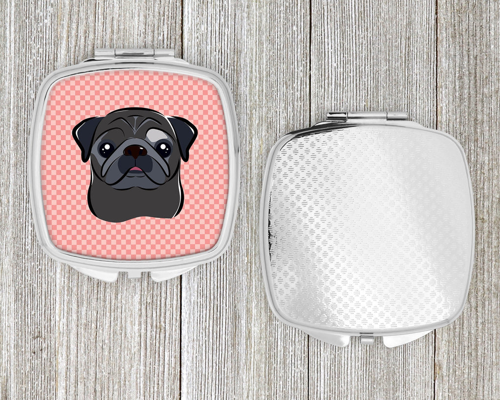 Checkerboard Pink Black Pug Compact Mirror Decorative Travel Makeup Mirror for Women Girls Gifts Pocket Makeup Mirror Folding Handheld