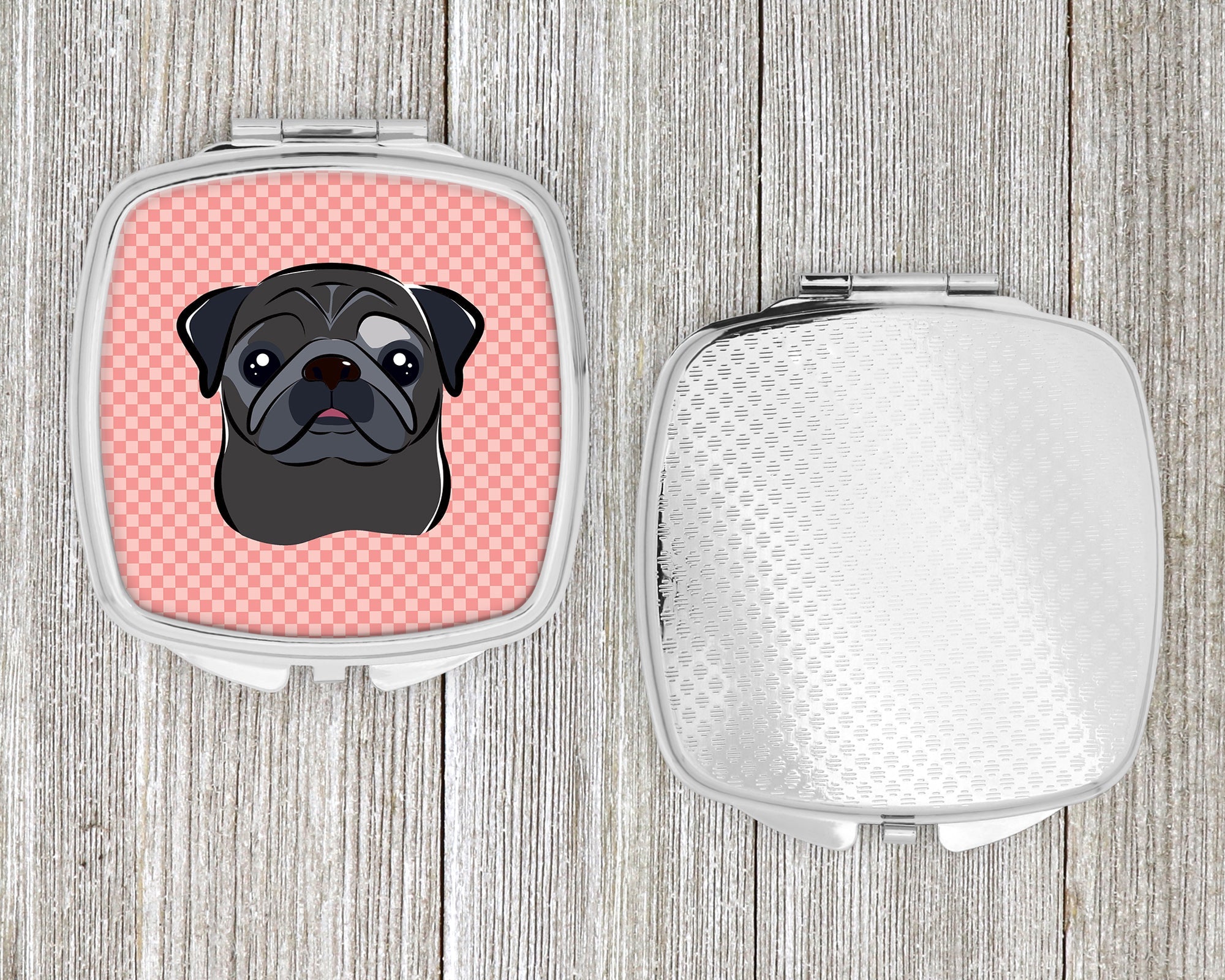 Checkerboard Pink Black Pug Compact Mirror Decorative Travel Makeup Mirror for Women Girls Gifts Pocket Makeup Mirror Folding Handheld