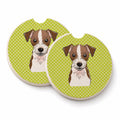 Checkerboard Lime Green Jack Russell Terrier Set of 2 Cup Holder Car Coasters Absorbent Round Sandstone Coasters Gifts for Men or Women, 2.5, Multicolor