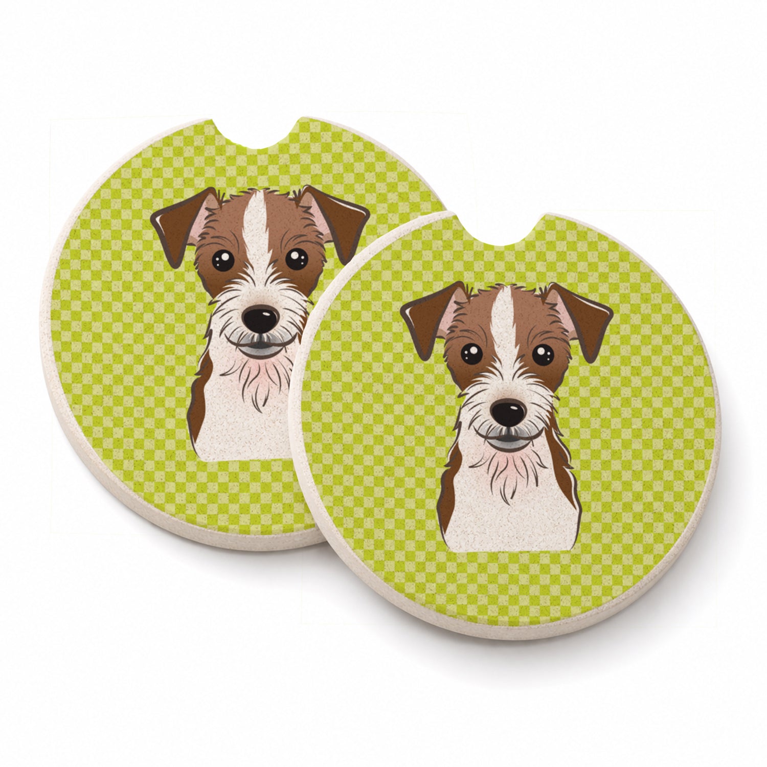 Checkerboard Lime Green Jack Russell Terrier Set of 2 Cup Holder Car Coasters Absorbent Round Sandstone Coasters Gifts for Men or Women, 2.5, Multicolor