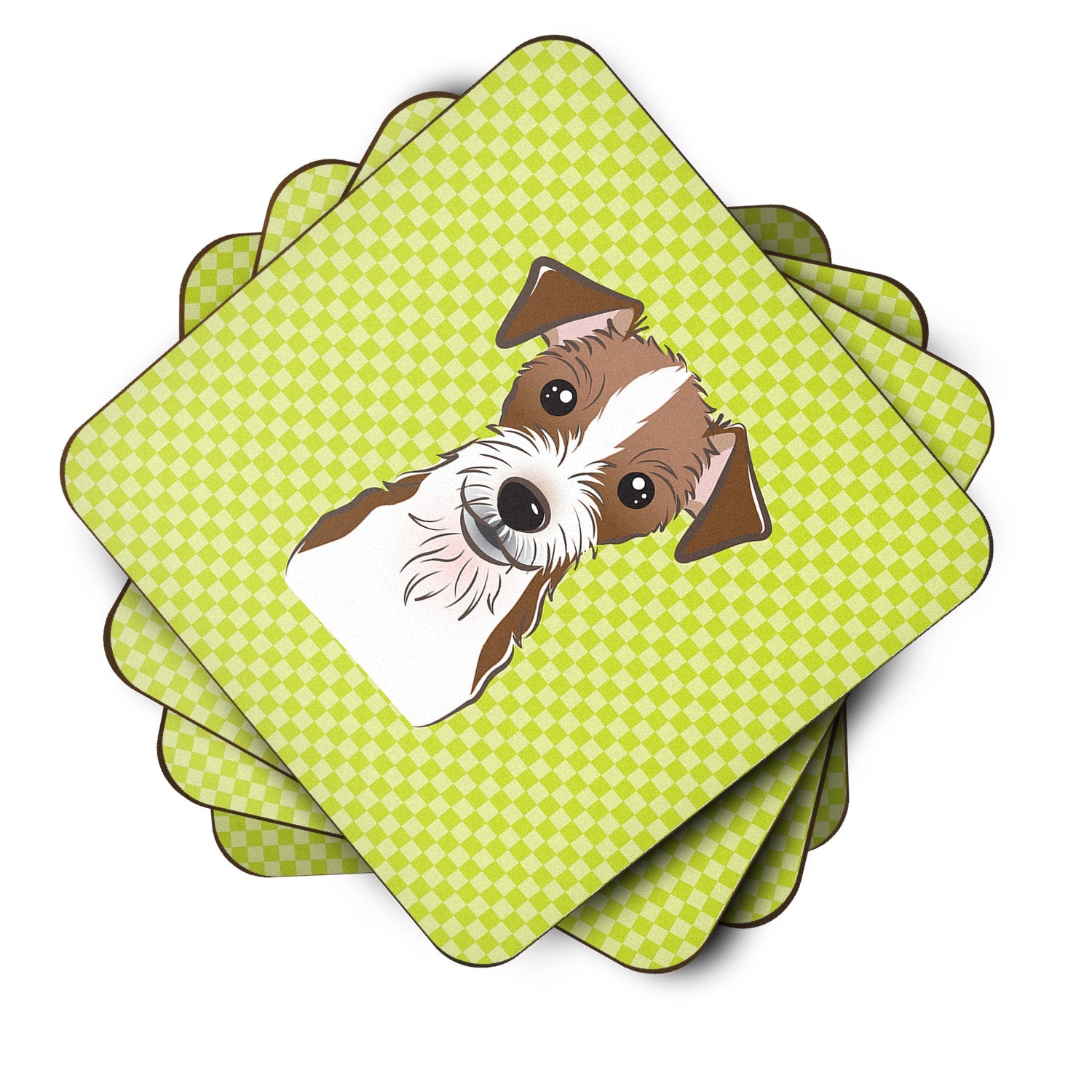 Checkerboard Lime Green Jack Russell Terrier Foam Coasters Set of 4 Cup Coasters for Indoor Outdoor, Tabletop Protection, Anti Slip, Mouse pad Material