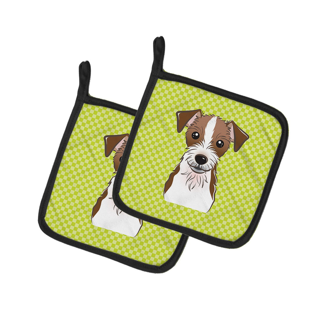 Checkerboard Lime Green Jack Russell Terrier Pot Holder Set of 2 Heat Resistant Quilted Hot Pads 7.5 x 7.5 Inch, Insulated Kitchen Trivets for Cooking & Baking