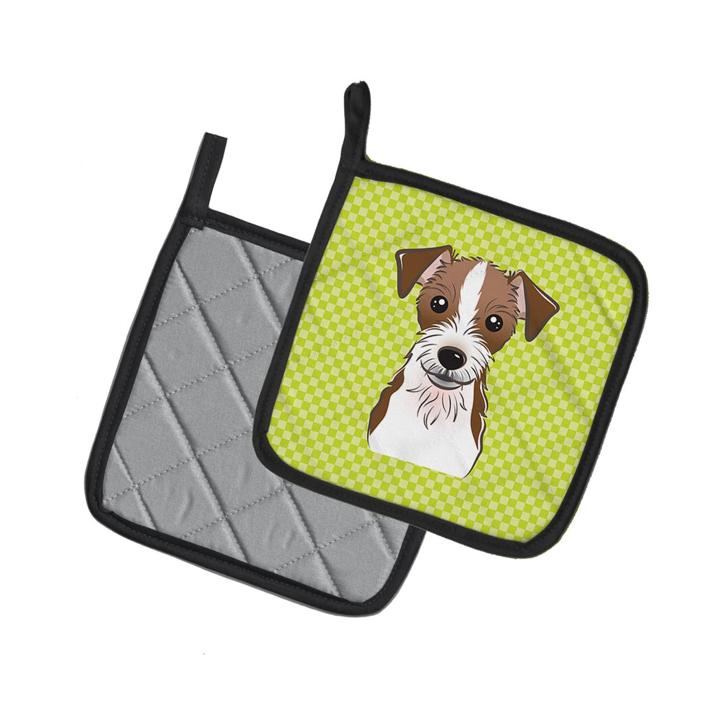 Checkerboard Lime Green Jack Russell Terrier Pot Holder Set of 2 Heat Resistant Quilted Hot Pads 7.5 x 7.5 Inch, Insulated Kitchen Trivets for Cooking & Baking