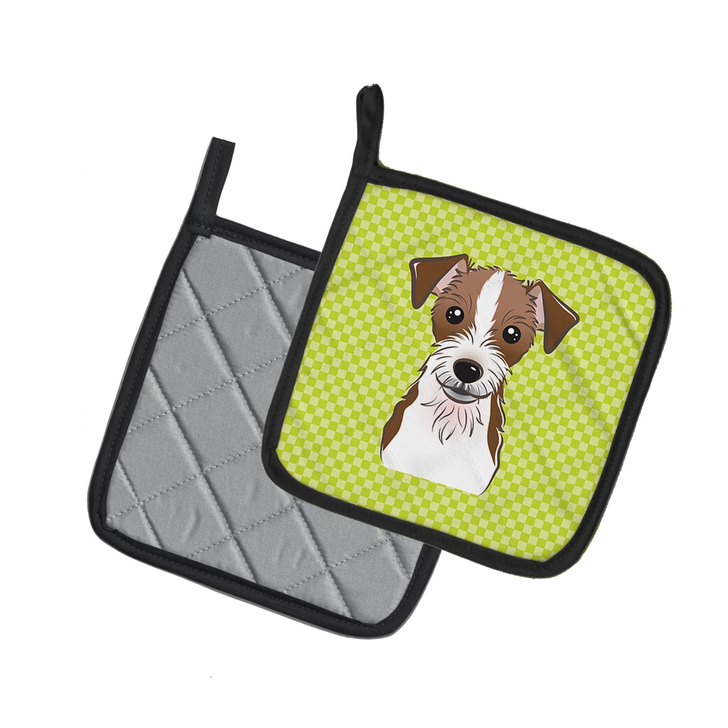 Checkerboard Lime Green Jack Russell Terrier Pot Holder Set of 2 Heat Resistant Quilted Hot Pads 7.5 x 7.5 Inch, Insulated Kitchen Trivets for Cooking & Baking