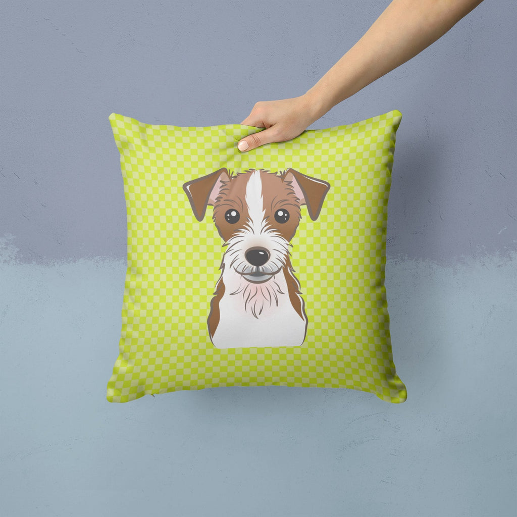 Checkerboard Lime Green Jack Russell Terrier Decorative Throw Pillow 14x14 Indoor Outdoor Accent Cushion, Fabric Cover with Insert for Sofa, Bed, Porch & Living Room