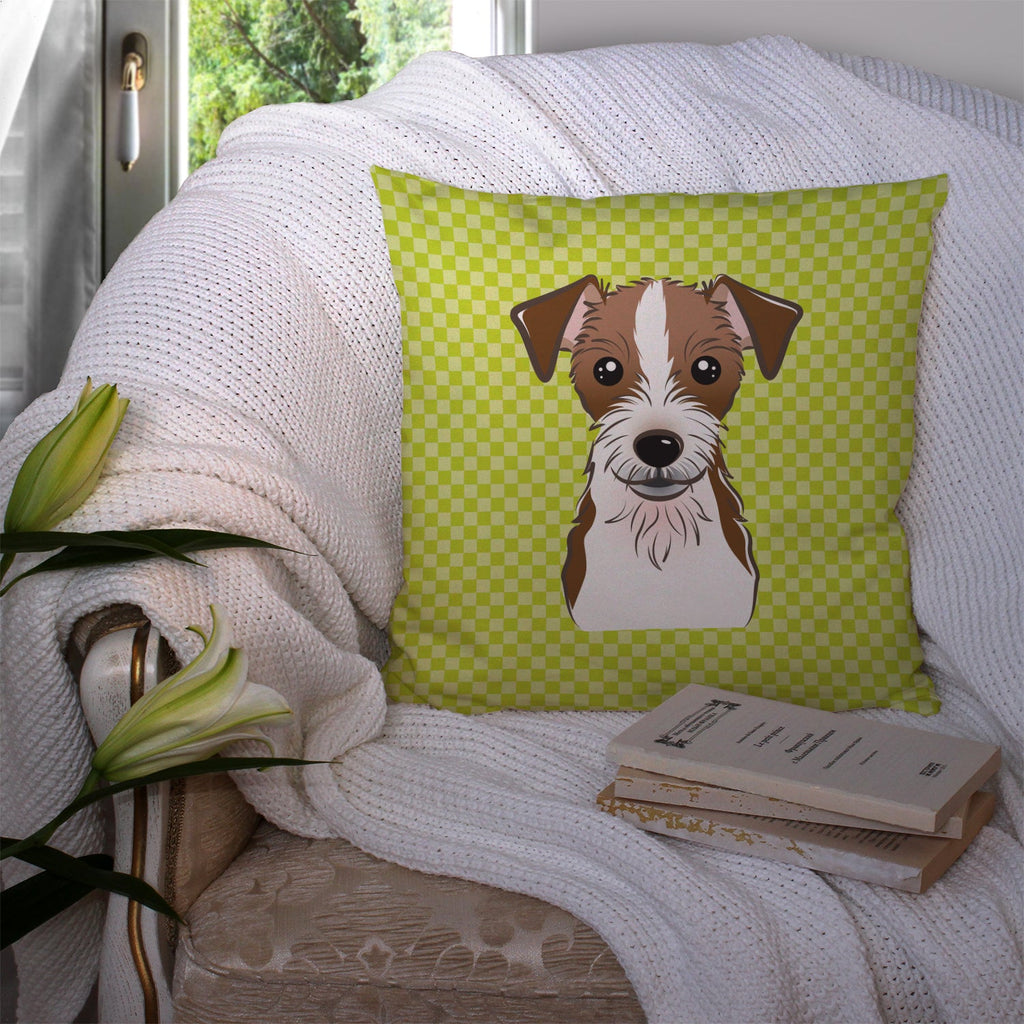 Checkerboard Lime Green Jack Russell Terrier Decorative Throw Pillow 14x14 Indoor Outdoor Accent Cushion, Fabric Cover with Insert for Sofa, Bed, Porch & Living Room