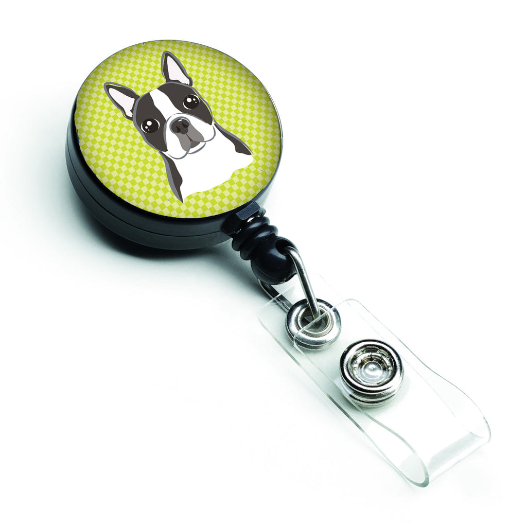 Checkerboard Lime Green Boston Terrier Retractable Badge Reel for Nurses ID Badge Holder with Clip Retractable Employee Badge Holder, Belt Clip