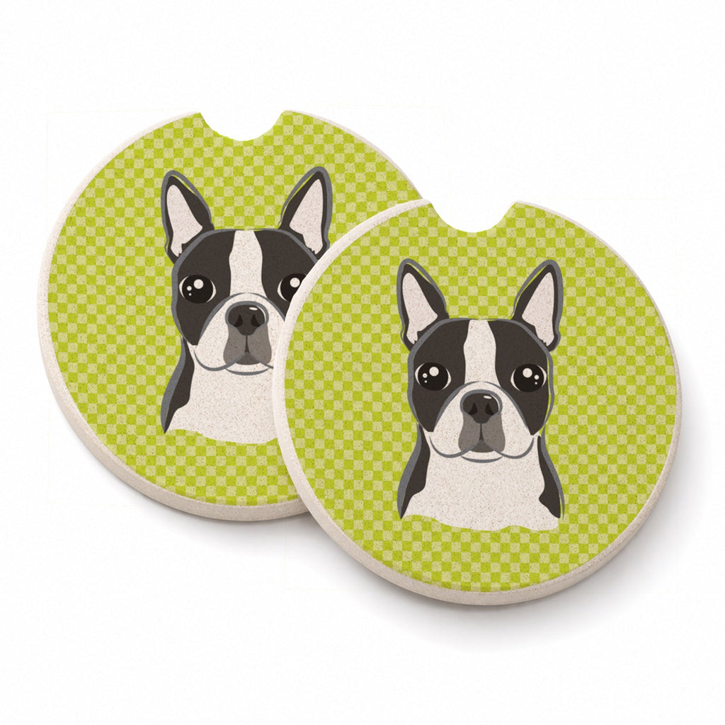 Checkerboard Lime Green Boston Terrier Set of 2 Cup Holder Car Coasters Absorbent Round Sandstone Coasters Gifts for Men or Women, 2.5, Multicolor