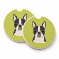 Checkerboard Lime Green Boston Terrier Set of 2 Cup Holder Car Coasters Absorbent Round Sandstone Coasters Gifts for Men or Women, 2.5, Multicolor