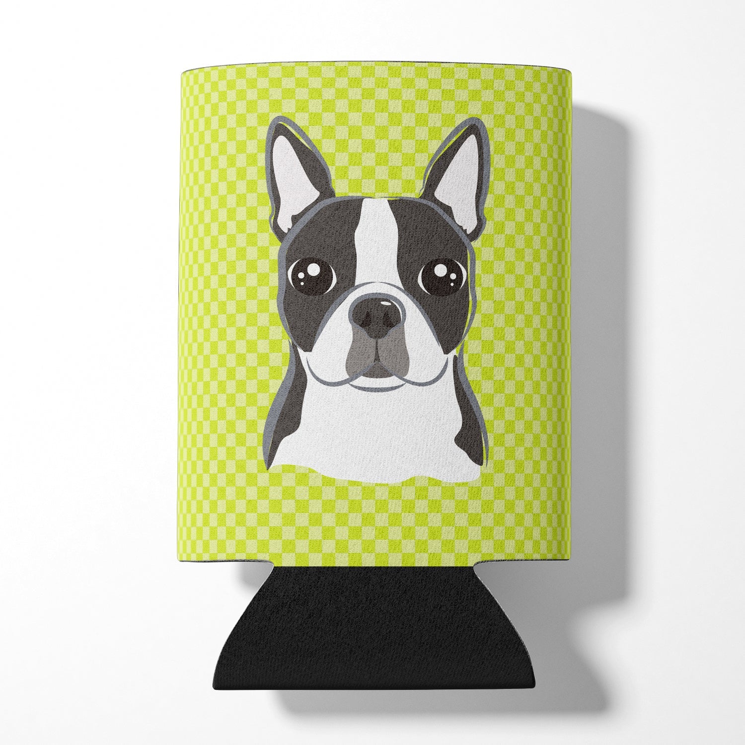 Checkerboard Lime Green Boston Terrier Can or Bottle Hugger Cooler Sleeve for Standard 12 oz Cans, Insulated Foam Beer & Soda Can Hugger Reusable