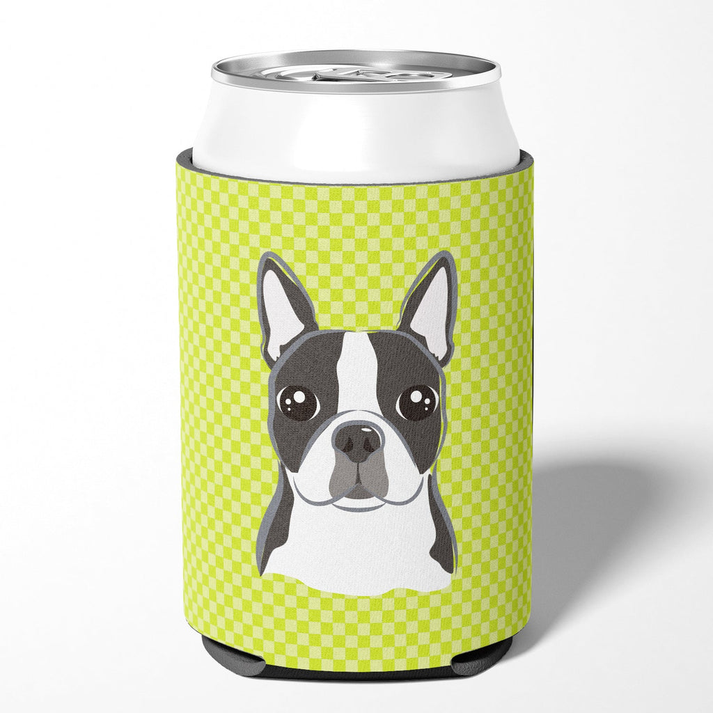 Checkerboard Lime Green Boston Terrier Can or Bottle Hugger Cooler Sleeve for Standard 12 oz Cans, Insulated Foam Beer & Soda Can Hugger Reusable