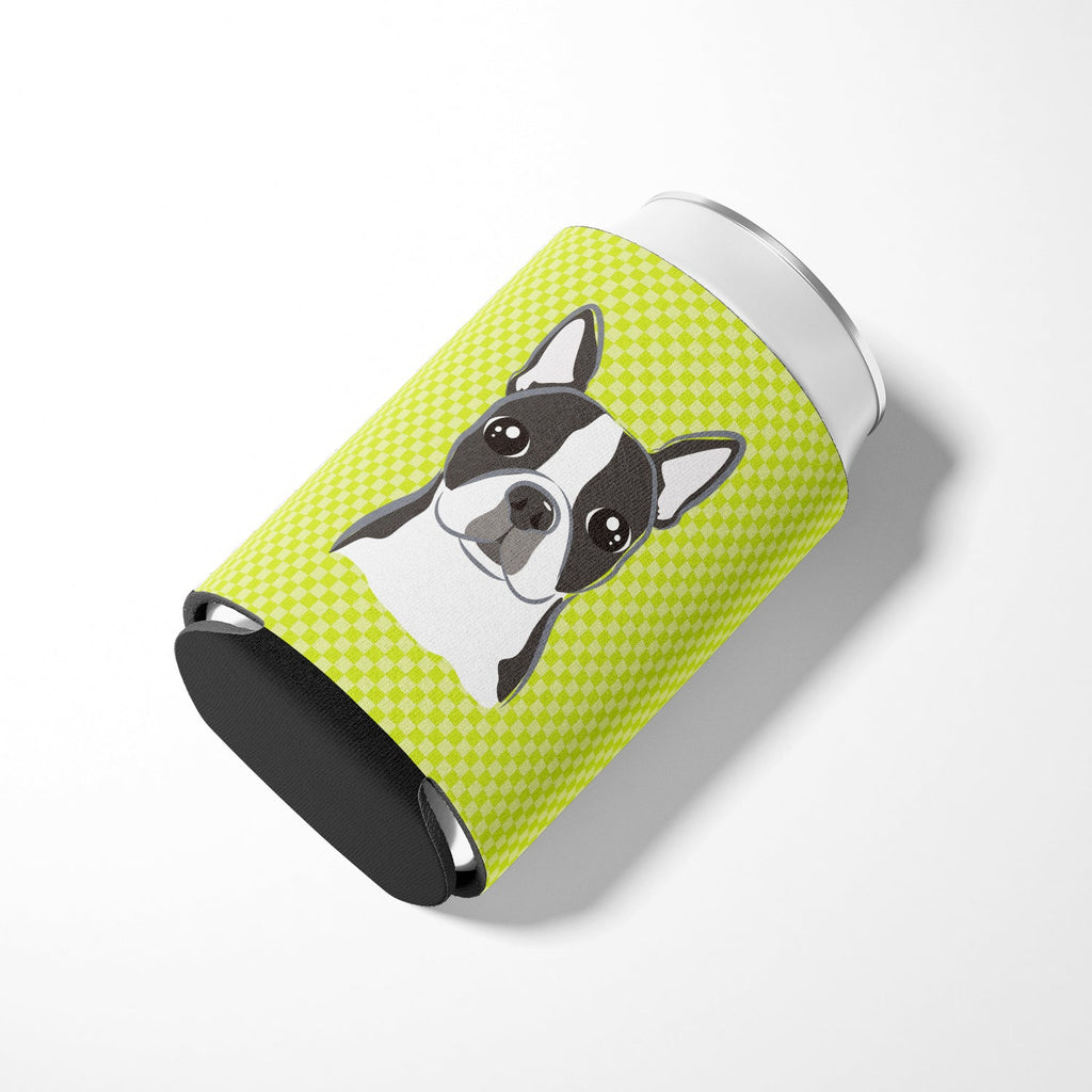 Checkerboard Lime Green Boston Terrier Can or Bottle Hugger Cooler Sleeve for Standard 12 oz Cans, Insulated Foam Beer & Soda Can Hugger Reusable