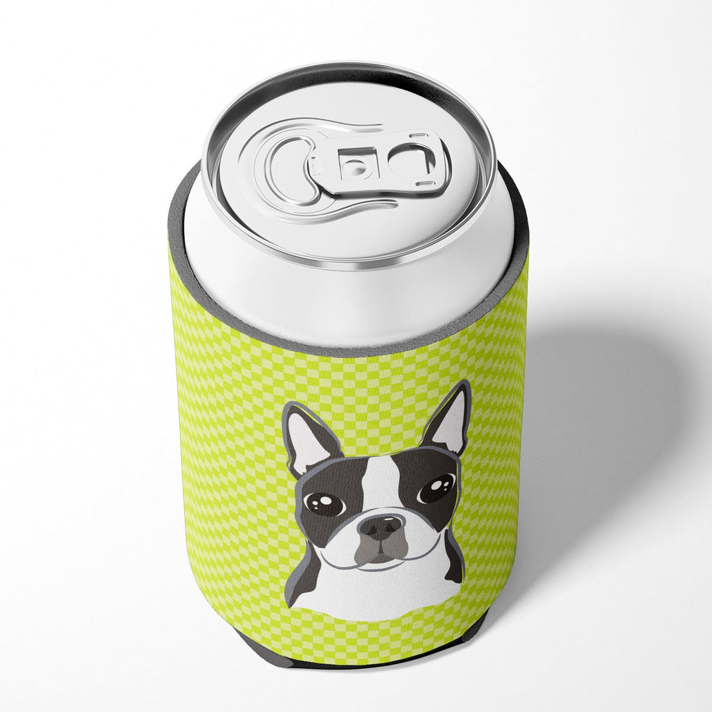 Checkerboard Lime Green Boston Terrier Can or Bottle Hugger Cooler Sleeve for Standard 12 oz Cans, Insulated Foam Beer & Soda Can Hugger Reusable